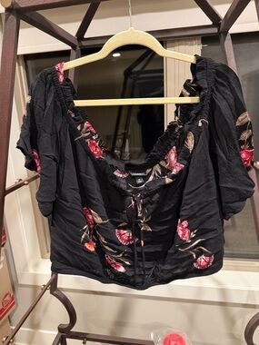 torrid Black Strapless Crop Top with Pink Floral Embroidery and Matching Skirt